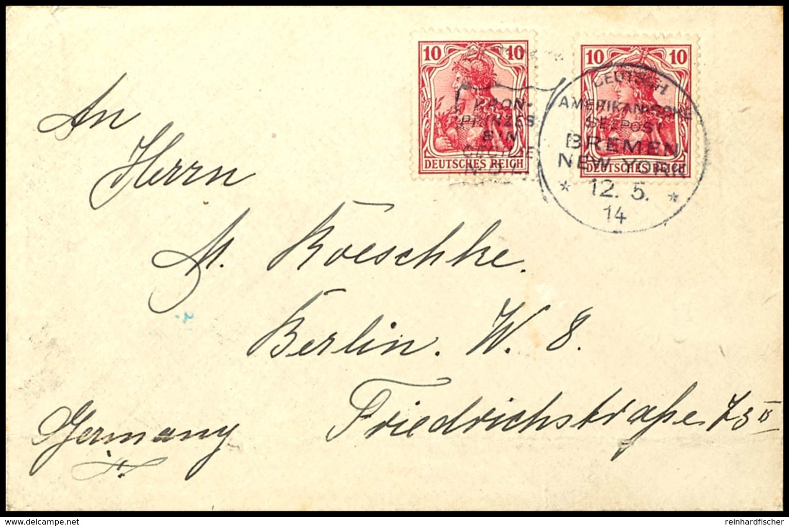 3789 1914, DASP BREMEN-NEW YORK KRONPRINZESIN CECILE N.D.L. 12.5.14", Flaggenstempel Klar Als Entwerter Auf Brief Mit Zw - Andere & Zonder Classificatie