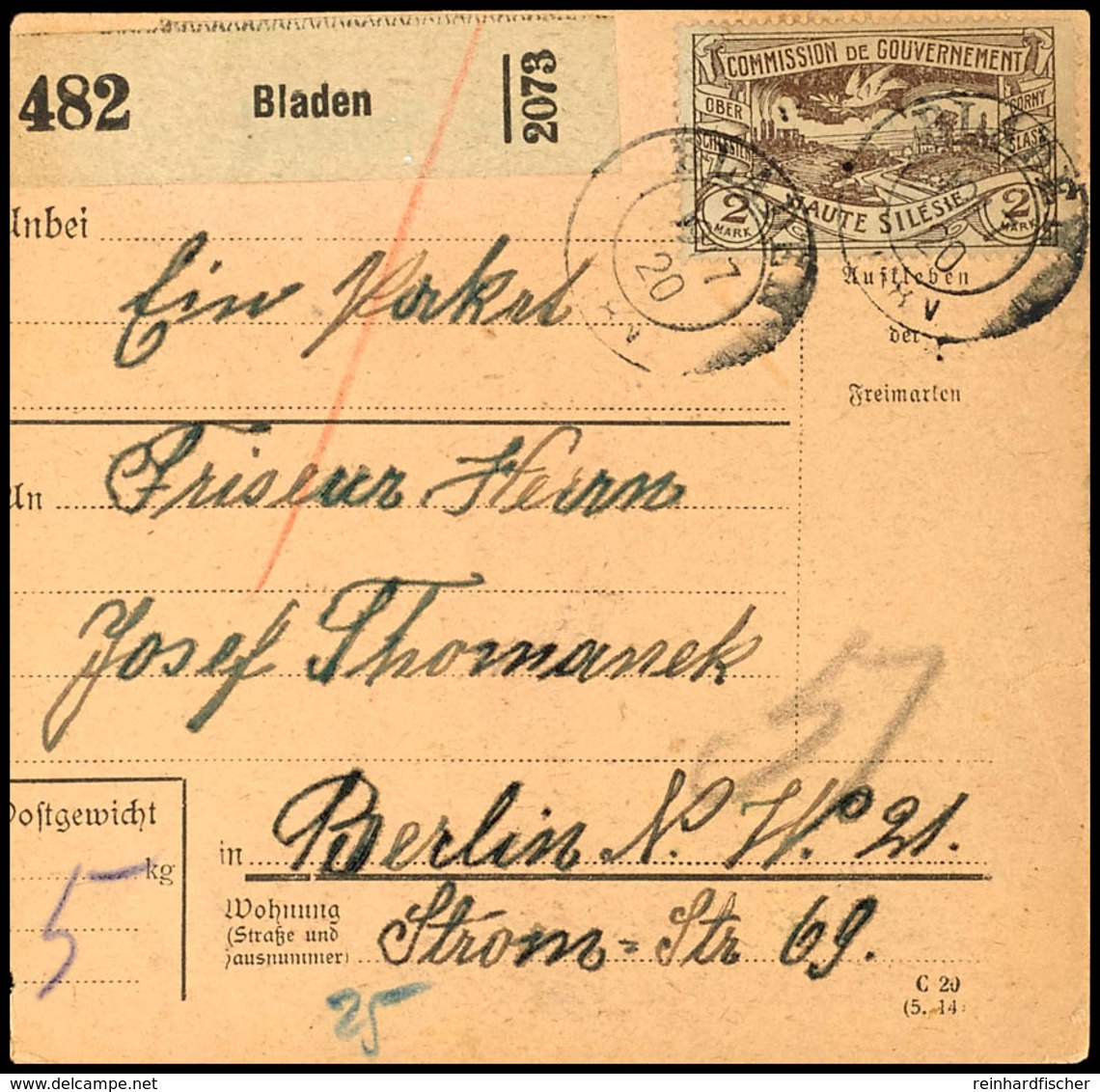3874 "BLADEN 19.7.20", Alter DKr., Zweimal Klar Auf Paketkarte Mit 2 M. Freimarke Nach Berlin, Pracht, Katalog: 27 BF - Other & Unclassified