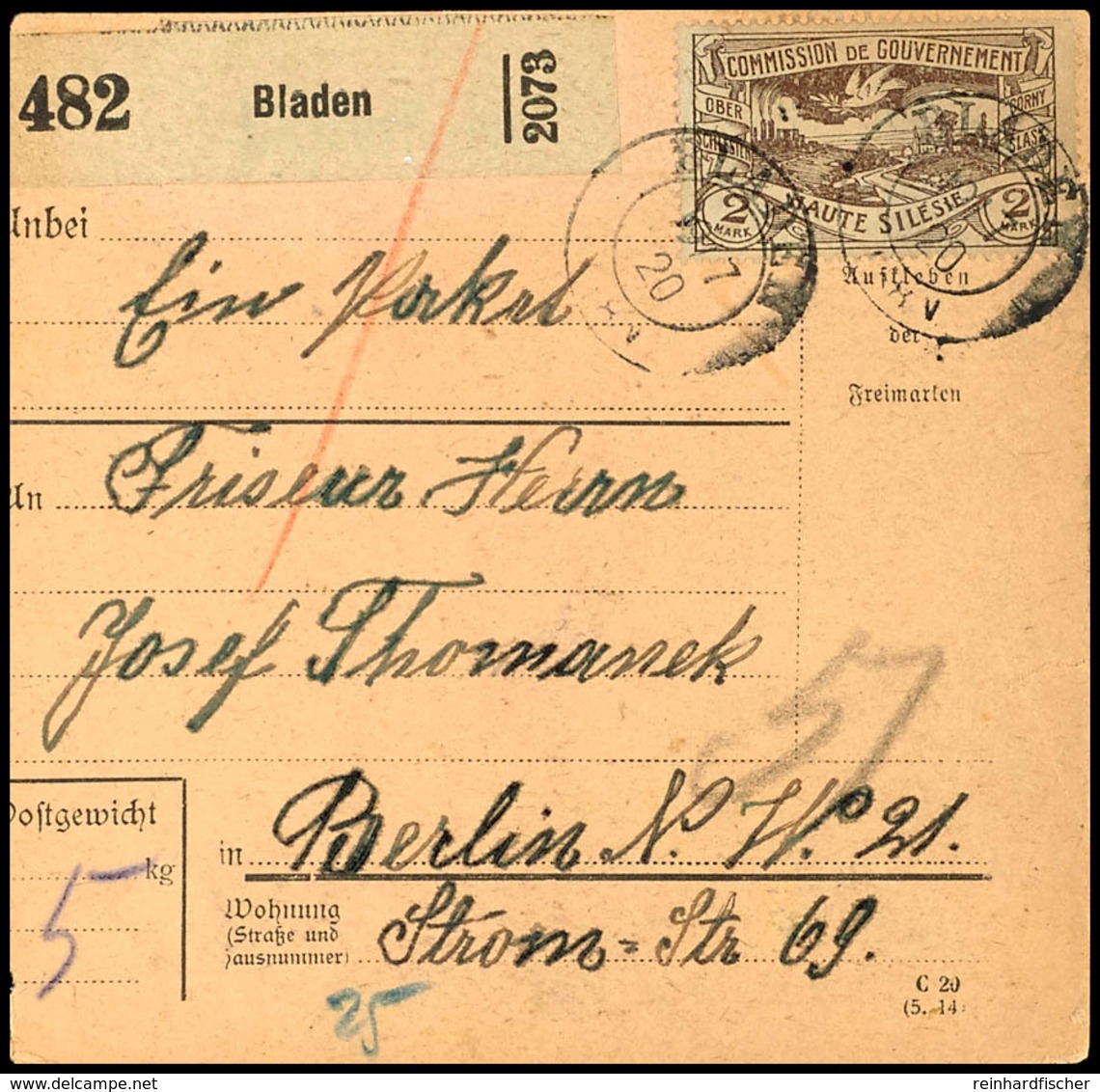 3874 "BLADEN 19.7.20", Alter DKr., Zweimal Klar Auf Paketkarte Mit 2 M. Freimarke Nach Berlin, Pracht, Katalog: 27 BF - Andere & Zonder Classificatie