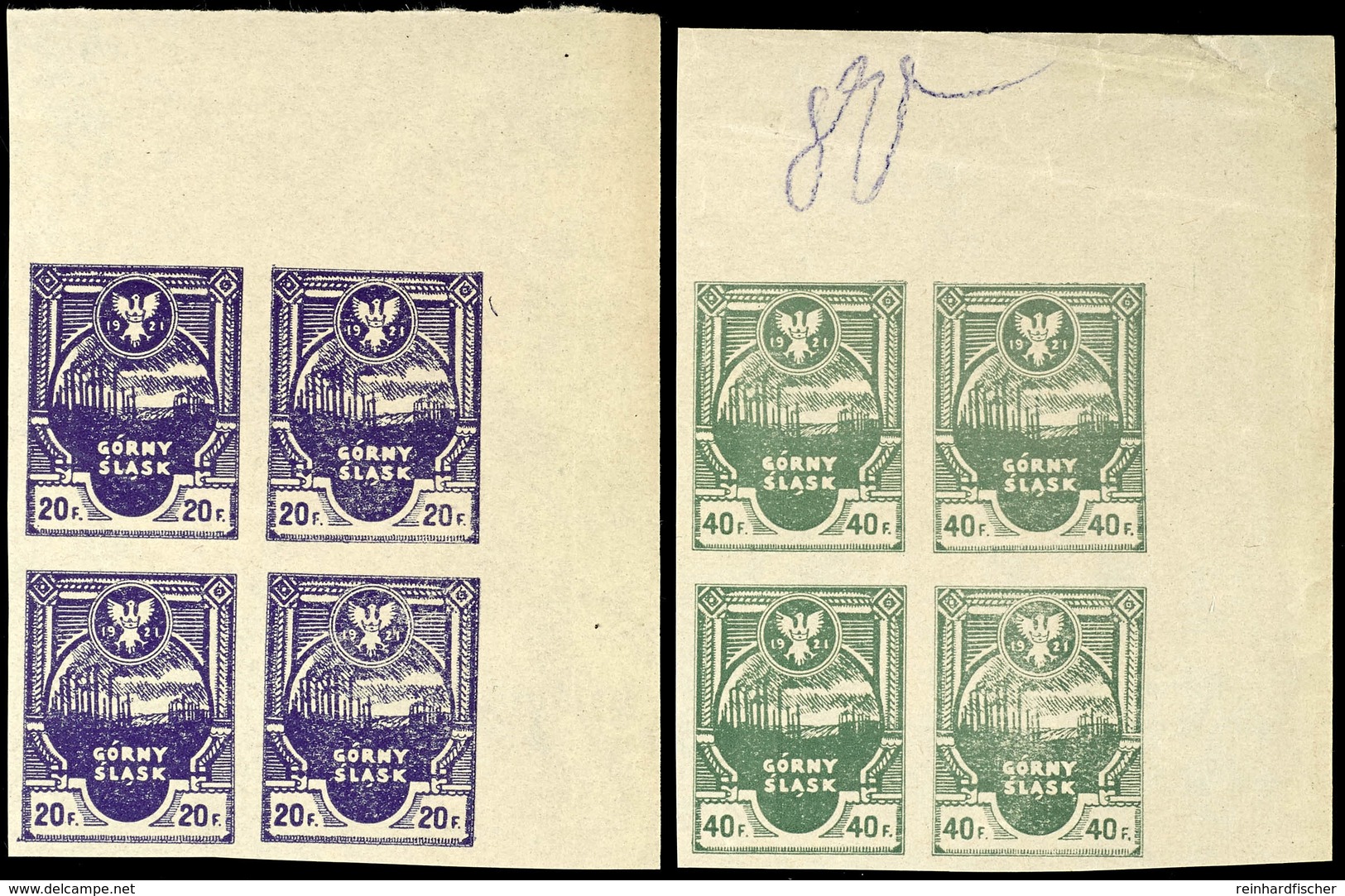 3876 20 Und 40 F. Je Als Tadellos Postfrischer Viererblock Aus Der R.o. Bogenecke, Mi. 360,-, Katalog: 2, 4 XB ** - Andere & Zonder Classificatie