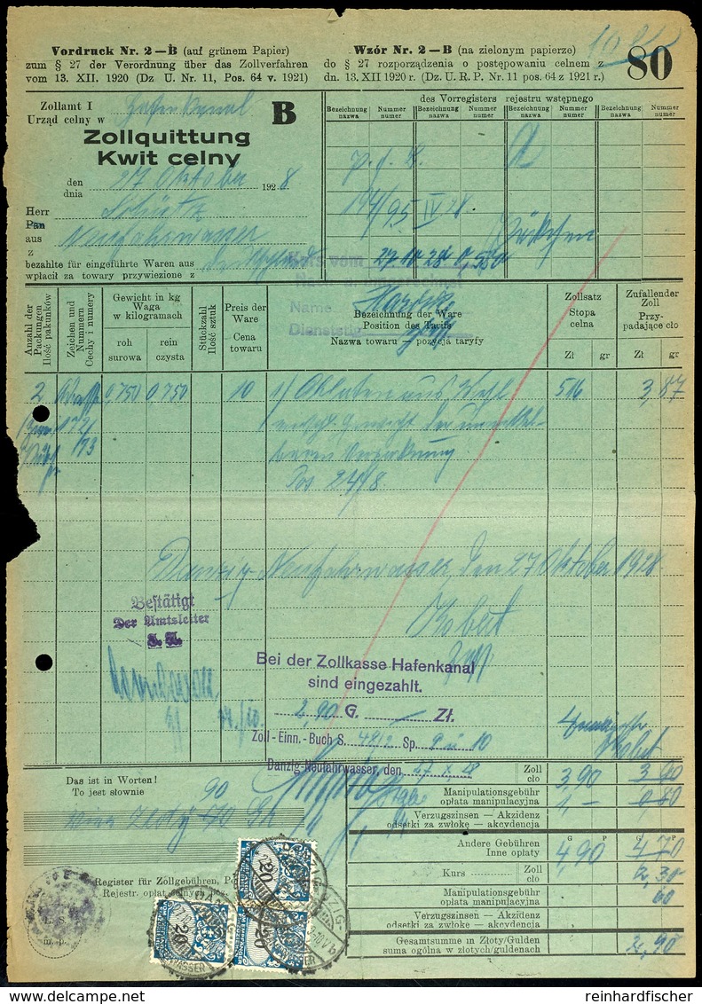 4030 20 Pfg. Portomarke Im Senkrechten Paar Und Einzelwert Je Mit Stempel DANZIG NEUFAHRWASSER 27.10.28" Auf Großformati - Sonstige & Ohne Zuordnung