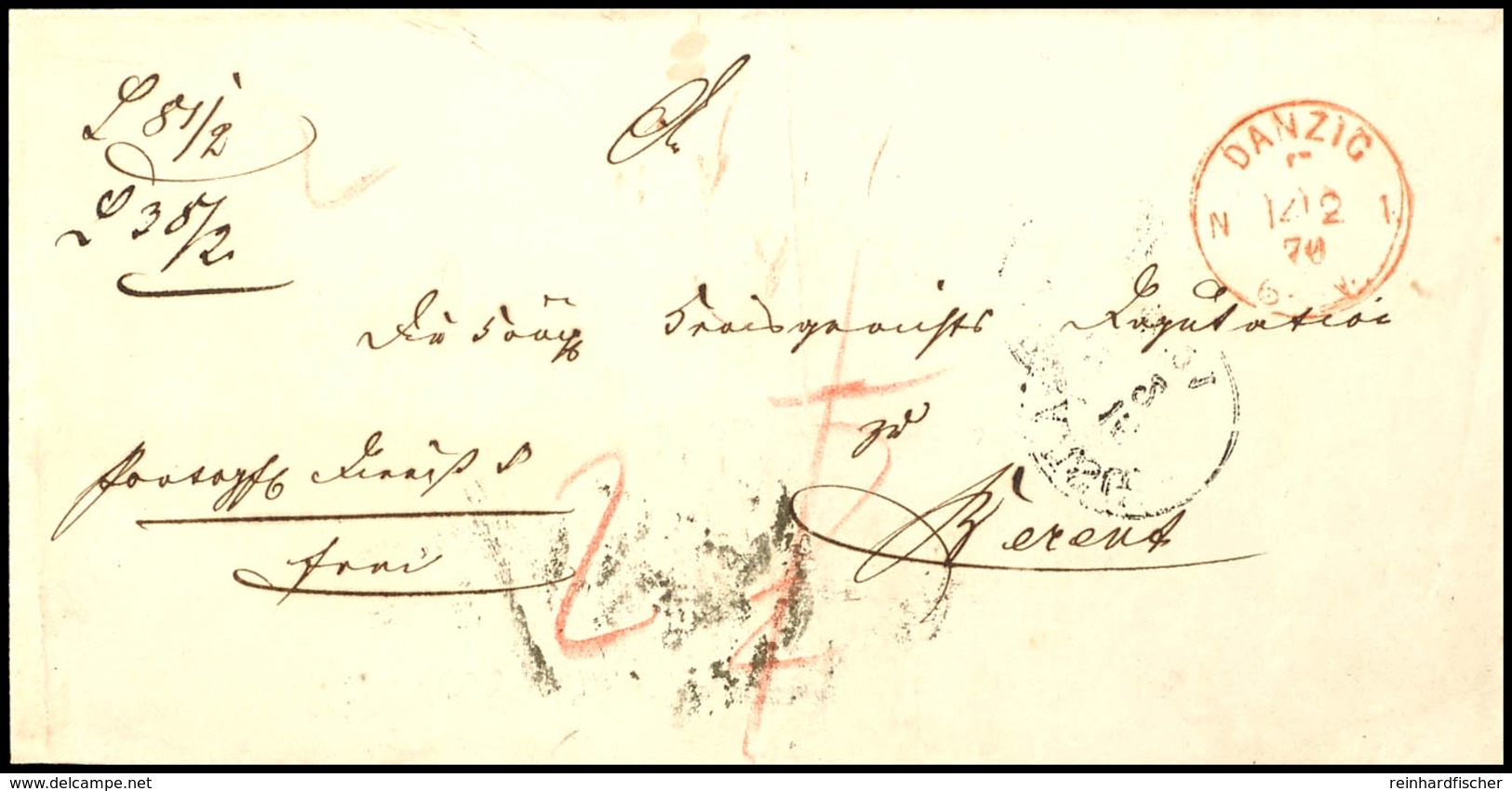 4035 "DANZIG F N1 /14.2.70" Roter Frankostempel Auf Faltbriefhülle Nach Berent Mit Ausgabestempel  BF - Other & Unclassified