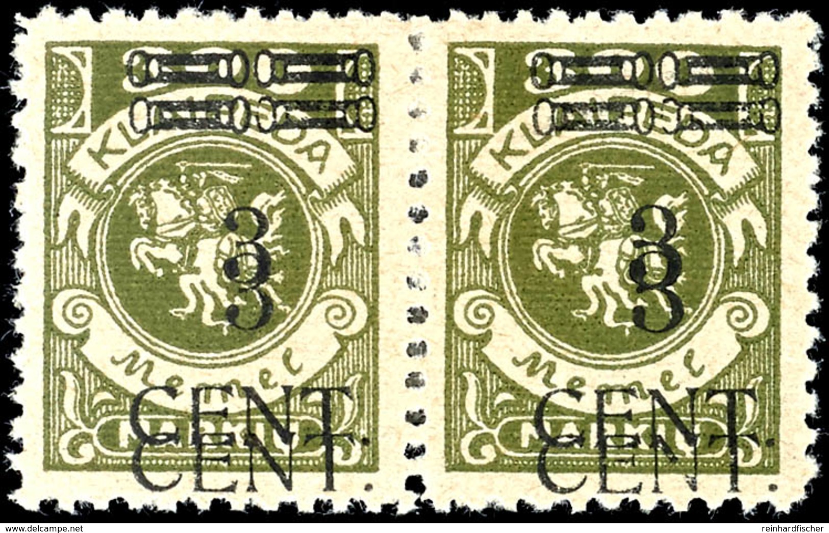 4060 3 Cent Auf 300 Mark Im Waagrechten Typenpaar Und Mit Klarem Gesichtsstarken Doppelaufdruck, Signiert, Der Einzelne  - Memelland 1923