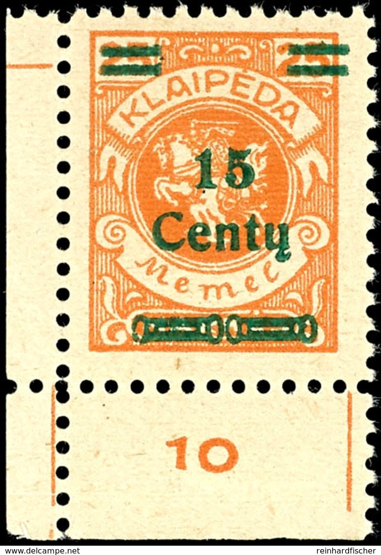 4068 15 C. Auf 20 Mark Freimarke, Aufdruckfehler "1 Und 5 Mit Sehr Weitem Abstand - 1,3 Mm", Eckrand Unten Links, Tadell - Klaipeda 1923