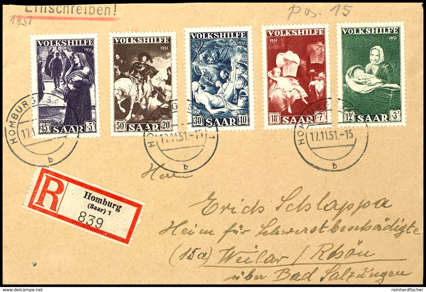 4208 12 + 3 - 50 + 20 Fr. Kpl. Auf R-Satz-Brief Von HOMBURG 17.11.51 Nach Weilar Mit Ankunftsstempel, Tadellos, Umschlag - Sonstige & Ohne Zuordnung