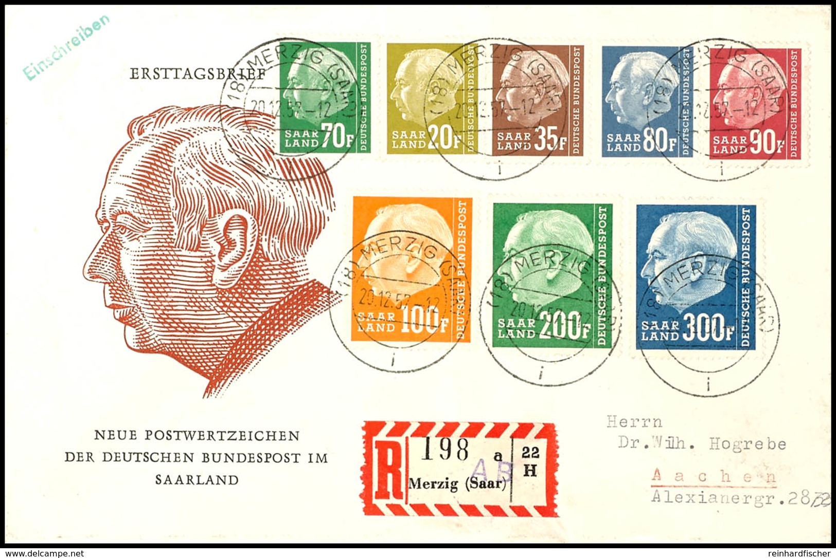 4222 1 - 300 Fr. Heuss, 20 Werte Komplett Auf 3 Nach Aachen Adressierten Schmuck-FDCs, Tadellos, Mi. 425.-, Katalog: 409 - Sonstige & Ohne Zuordnung