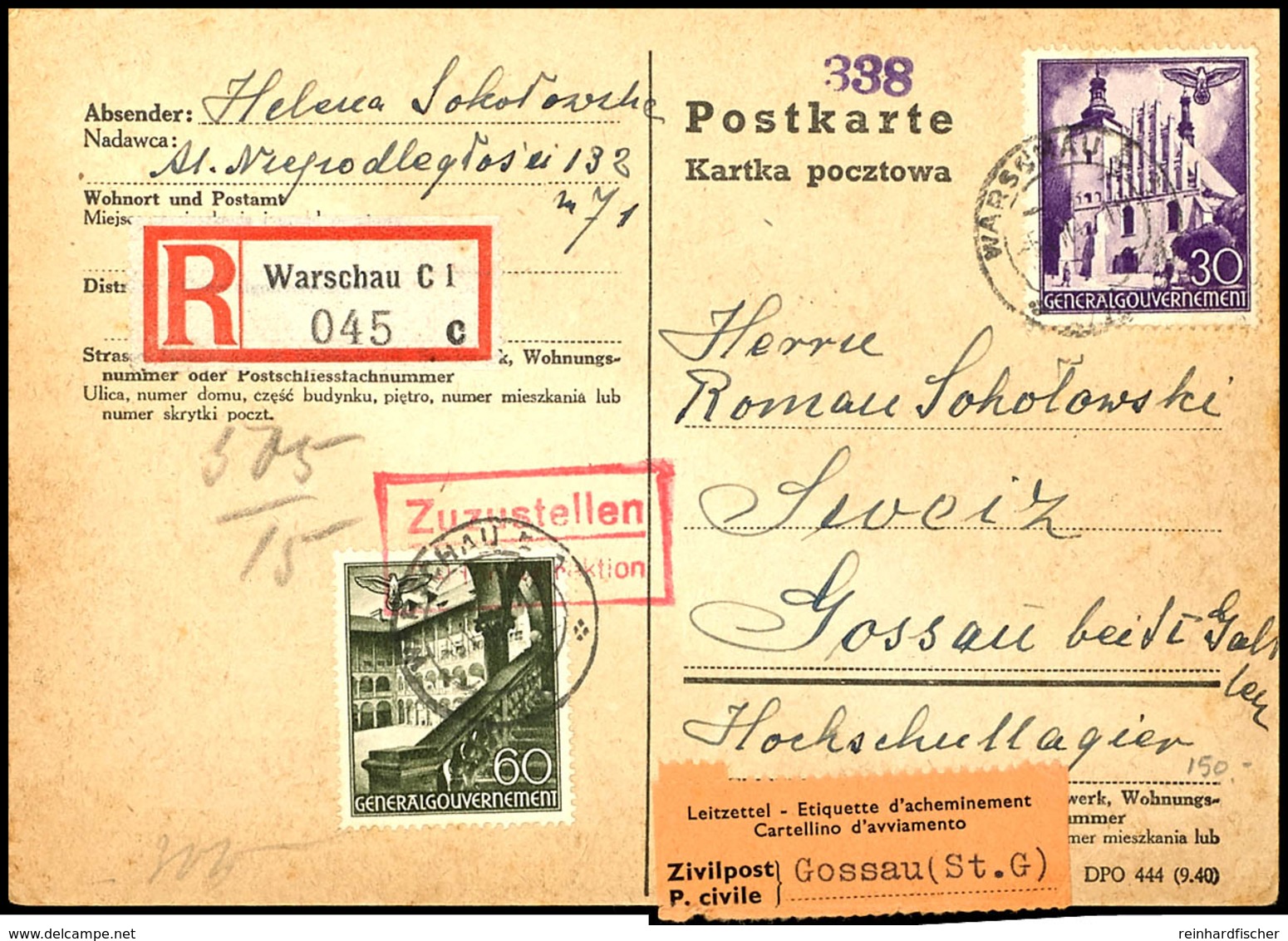 4363 30 Und 60 Pfg Bauwerke Auf Portogerechter R-Postkarte Von WARSCHAU 5.VII.41 Nach Gossau/Schweiz Mit Interessantem L - Sonstige & Ohne Zuordnung