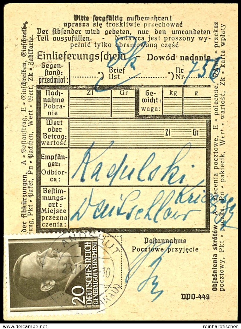 4367 20 Gr. Hitler, Einzelfrankatur Auf Einlieferungsschein Der Deutschen Post Osten, Nicht Häufig Angeboten., Katalog:  - Other & Unclassified