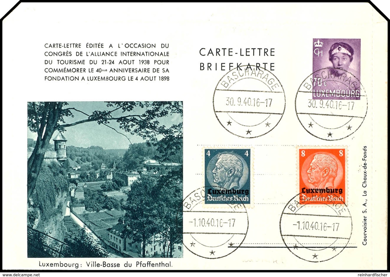 4430 Kartenbrief Luxemburg 75c. Violett ( Mi. Nr. K1), Vorderseitig Frankiert Mit Aufdruckmarken Hindenburg 4 U. 8  Pfg. - Luxemburg
