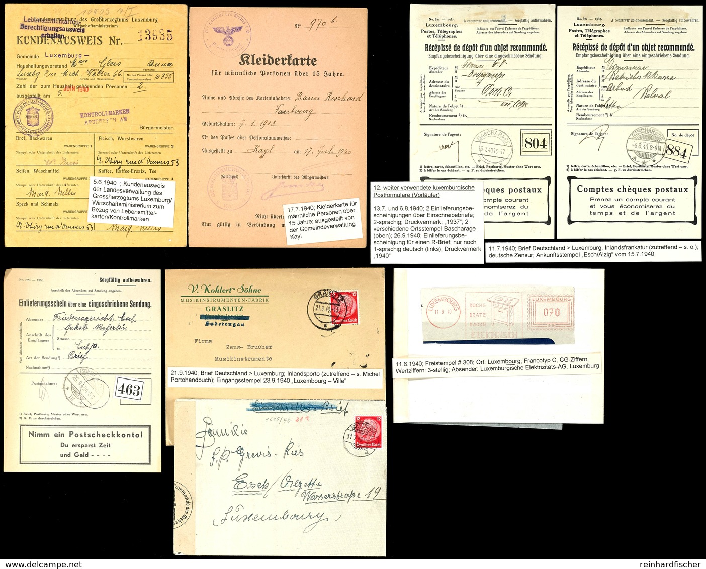 4432 1940, 3 Einlieferungsscheine Für R - Briefe, 2 Briefe D.R. Nach Luxemburg, Kleiderkarte Und Lebensmittelbezugsauswe - Luxemburg