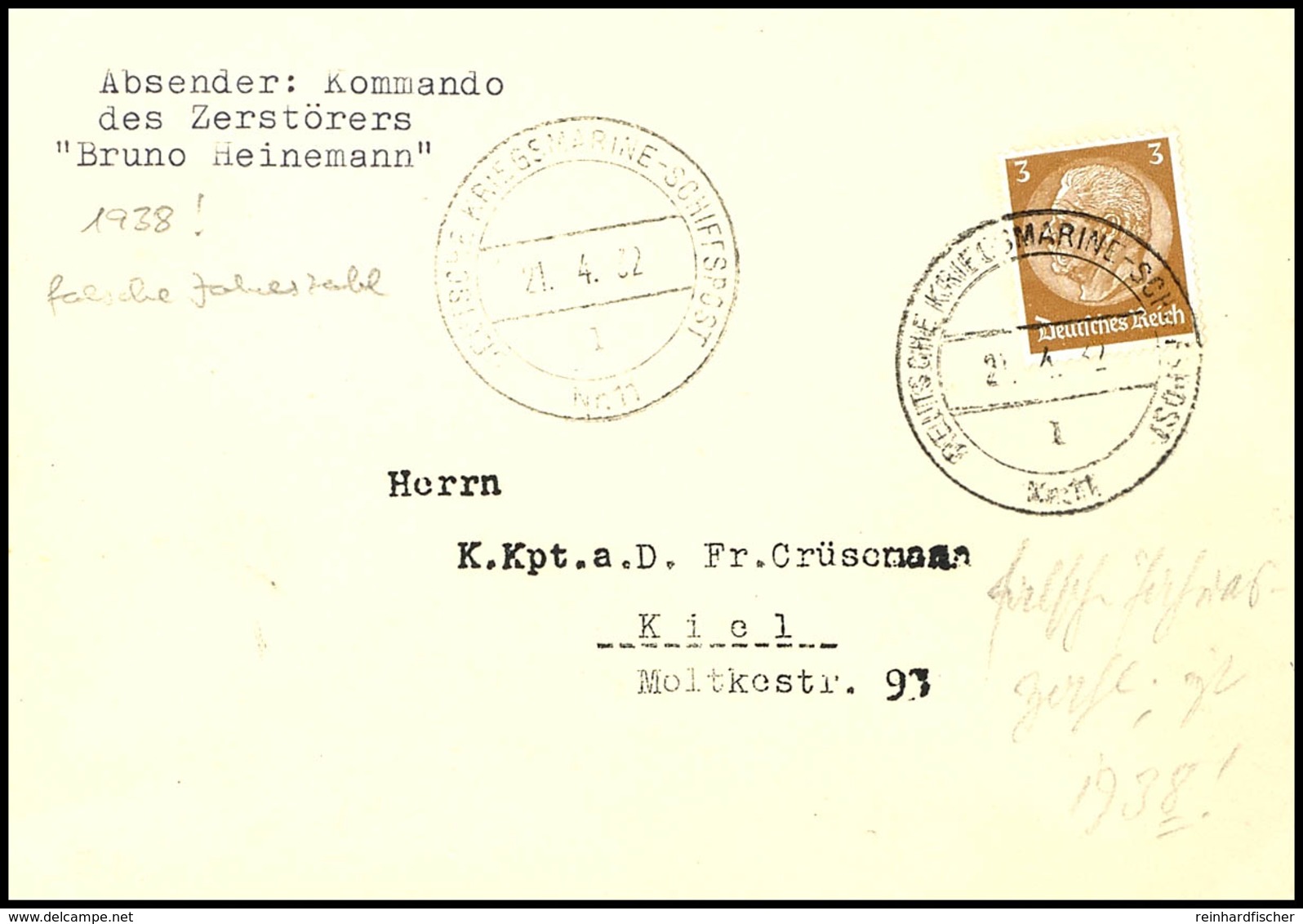 4541 1938, Marineschiffspost-Stpl. DEUTSCHE KRIEGSMARINE Nr. 11 Vom 21.4.32 Auf Textloser Postkarte Mit Falscher Einstel - Andere & Zonder Classificatie