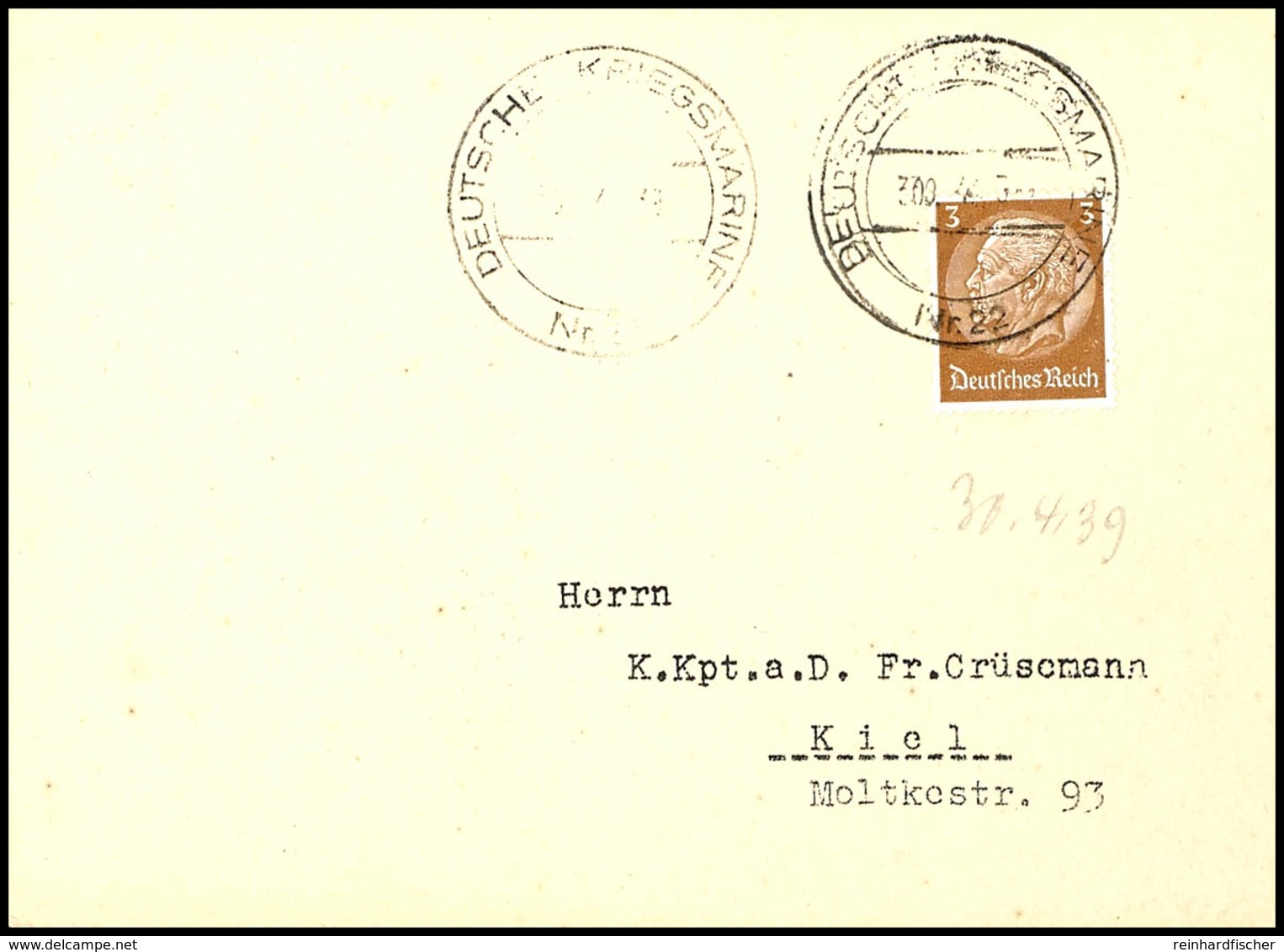 4551 1939, Marineschiffspost-Stpl. DEUTSCHE KRIEGSMARINE Nr. 22 Vom 30.4.39 (verwackelt Abgeschlagen) Auf Textloser Post - Sonstige & Ohne Zuordnung