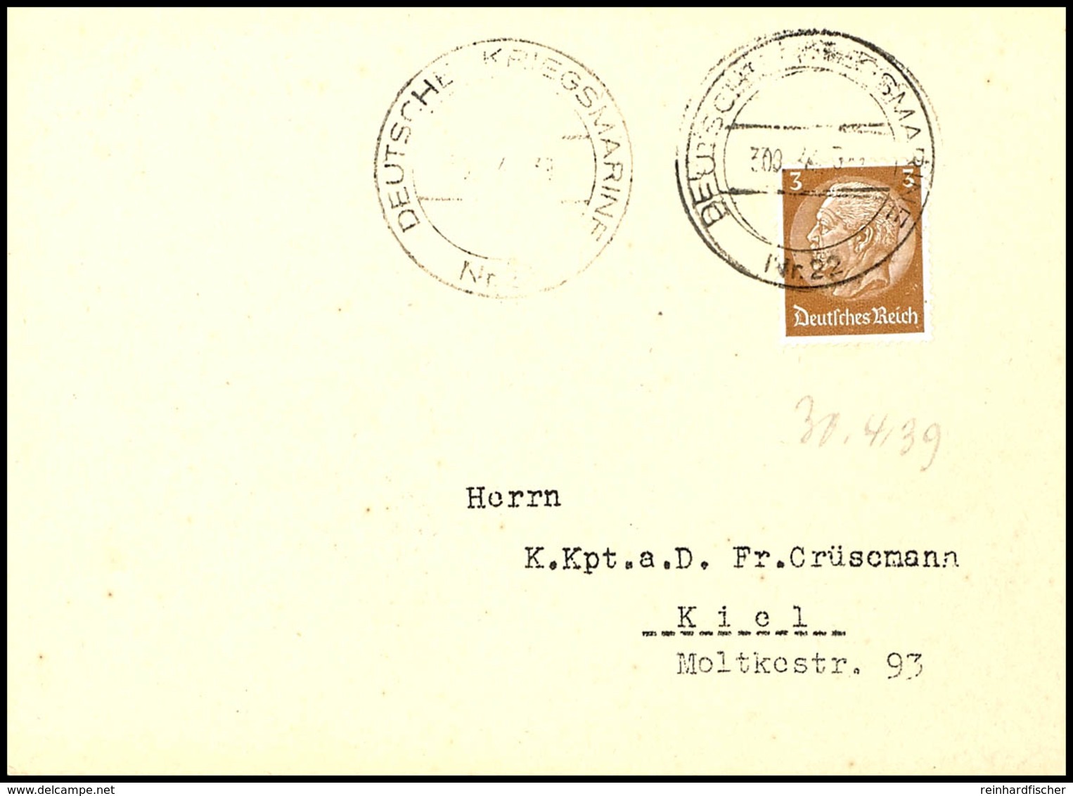 4551 1939, Marineschiffspost-Stpl. DEUTSCHE KRIEGSMARINE Nr. 22 Vom 30.4.39 (verwackelt Abgeschlagen) Auf Textloser Post - Andere & Zonder Classificatie