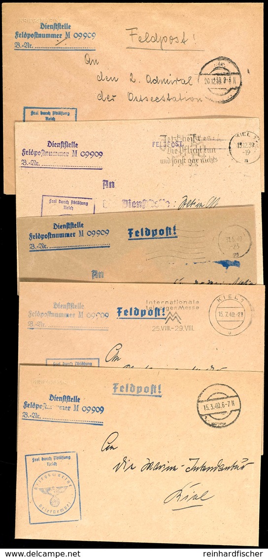 4557 1939/40, 5 Feldpost-Dienstbriefe Mit Brief-Stpl. "Frei Durch Ablösung Reich" Und Dienst-Stpl. Feldpost-Nr. M 09909  - Sonstige & Ohne Zuordnung