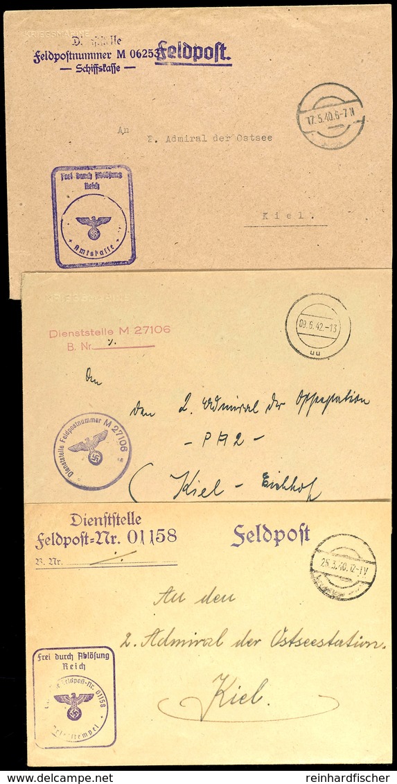 4563 1940 Und 1942, 3 Feldpost-Dienstbriefe: Vom 25.3.40 Mit Feldpost-Nr. 01158 = Befehlshaber Der Sicherung Der Ostsee, - Sonstige & Ohne Zuordnung