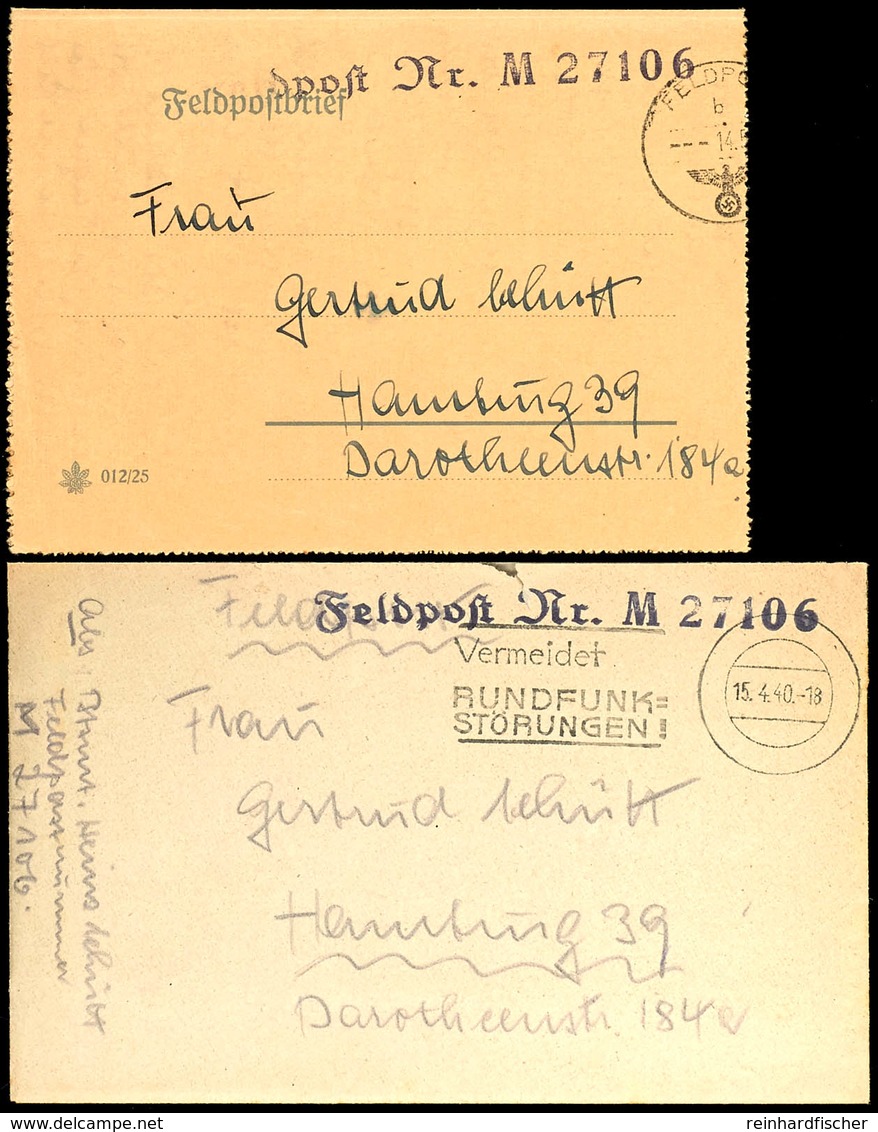 4574 1940, Feldpost-Brief Mit Inhalt Und Stummem Maschinen-Stpl. Mit Werbeeinsatz Vom 15.4.40 Sowie Mit Stpl. Feldpost-N - Andere & Zonder Classificatie