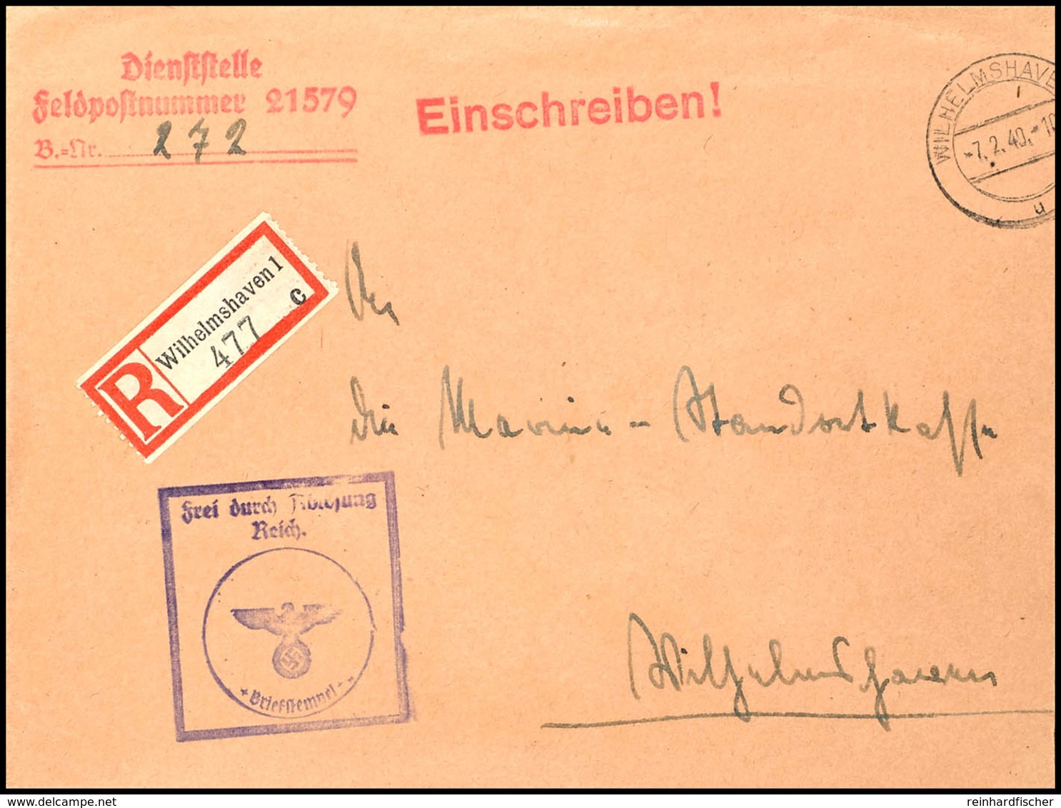 4580 1940, Feldpost-Einschreiben Mit Aufgabe-Stpl. WILHELMSHAVEN 1 Vom 7.2.40 Und R-Zettel WILHELMSHAVEN 1 Sowie Mit Bri - Other & Unclassified