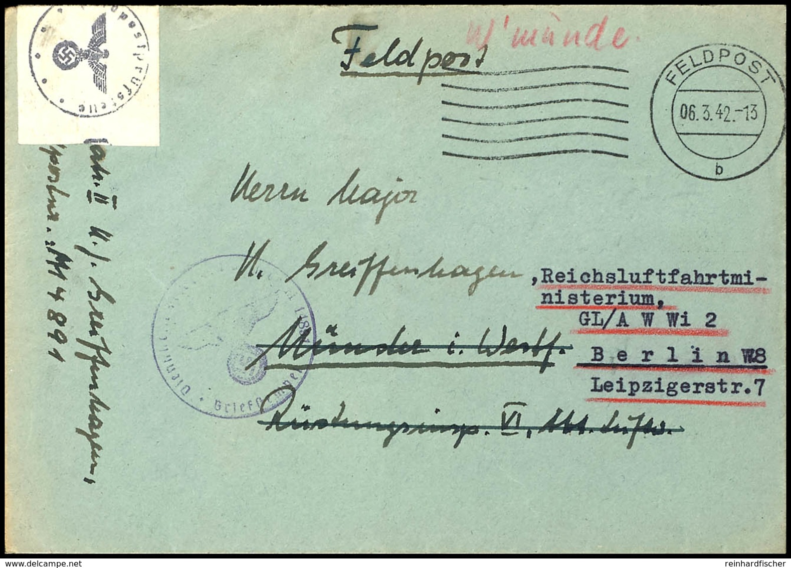 4593 1942, Feldpost-Brief Mit Maschinenhalb-Stpl. FELDPOST Vom 6.3.42 Nach Münster Mit Umadressierung An Das Reichsluftf - Sonstige & Ohne Zuordnung