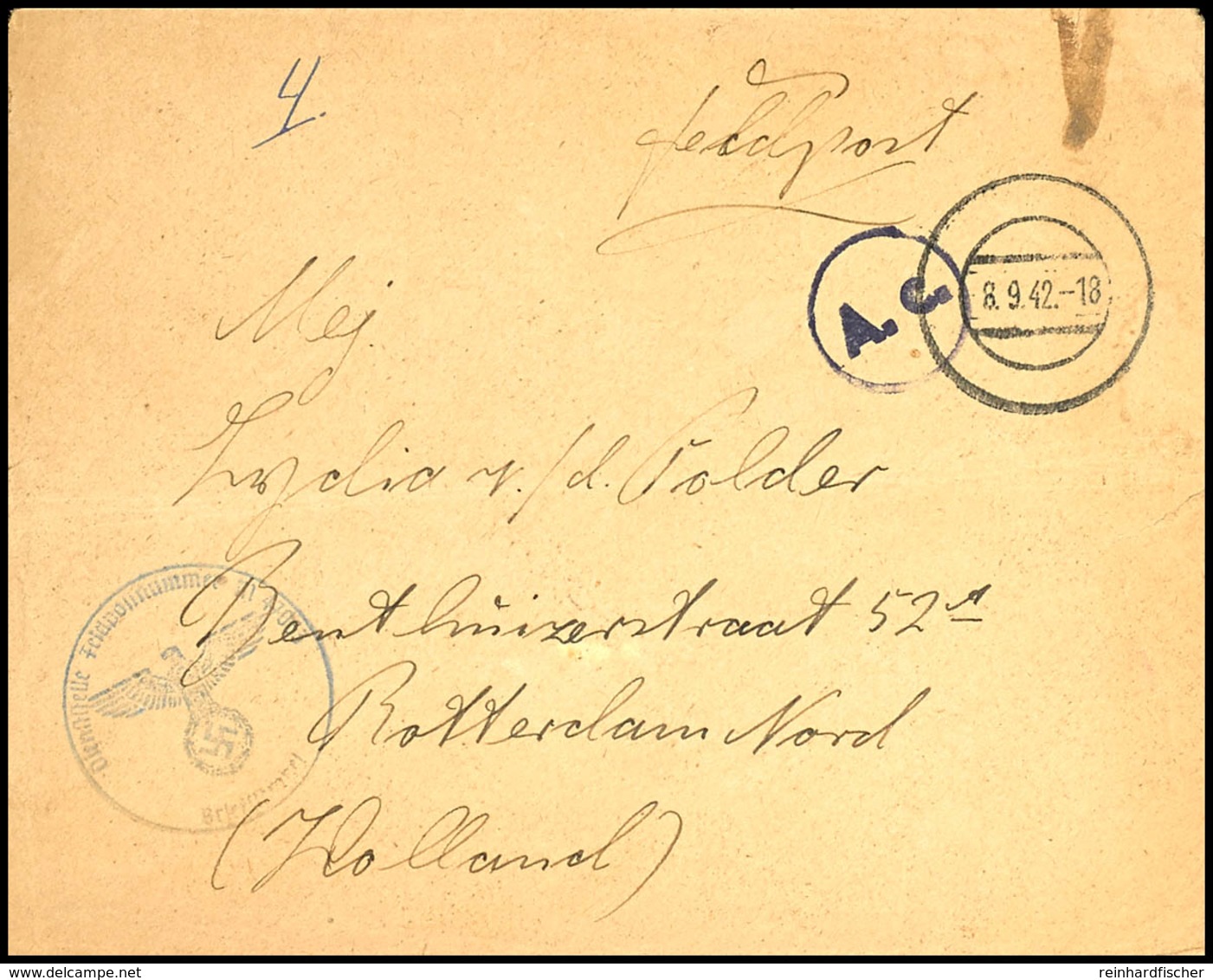 4596 1942, Feldpost-Brief Mit Stummem Stpl. Vom 8.9.42 Von Danzig Sowie Mit Brief-Stpl. Und Absenderangabe Feldpost-Nr.  - Sonstige & Ohne Zuordnung