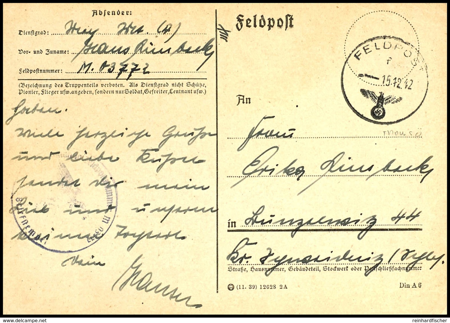 4598 1942, Feldpost-Karte Mit Norm-Stpl. Vom 15.12.42 Sowie Mit Brief-Stpl. Und Absenderangabe Feldpost-Nr. M 03772 = Ze - Sonstige & Ohne Zuordnung