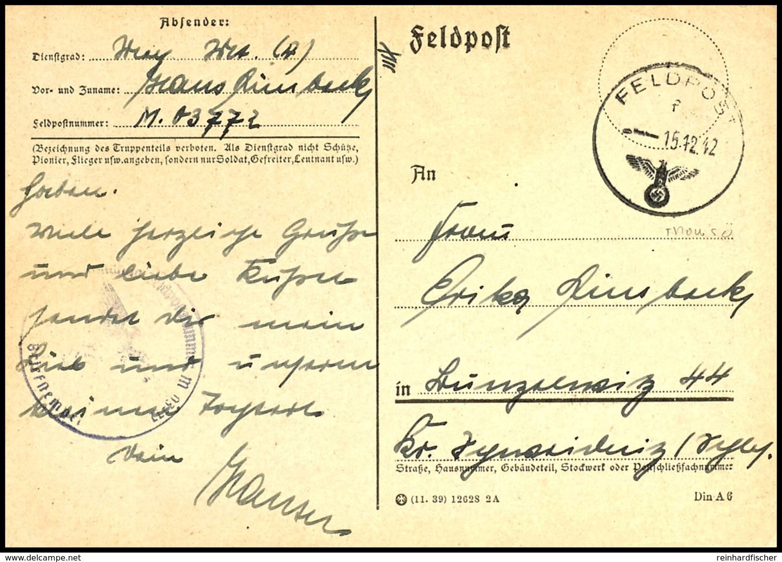 4598 1942, Feldpost-Karte Mit Norm-Stpl. Vom 15.12.42 Sowie Mit Brief-Stpl. Und Absenderangabe Feldpost-Nr. M 03772 = Ze - Other & Unclassified