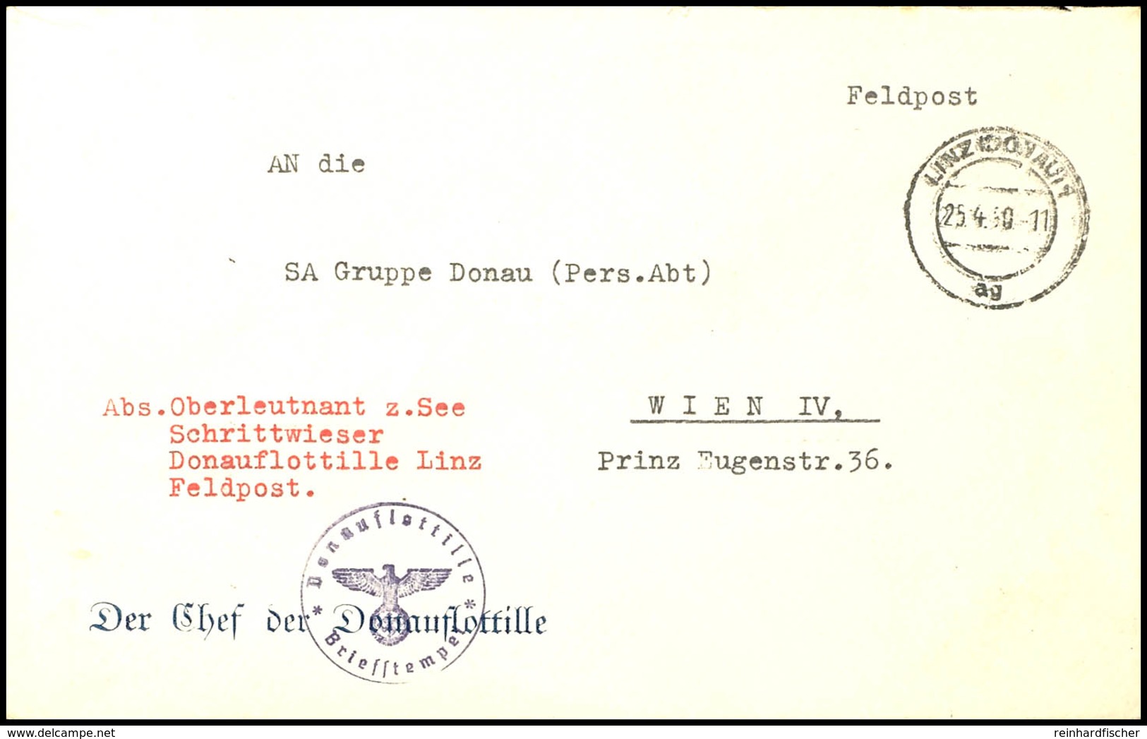 4623 1939, Kriegsmarine, Feldpost-Brief Nach Wien Mit Aufgabe-Stpl. LINZ (DONAU) 1 Vom 25.4.39 Sowie Mit Absenderangabe  - Sonstige & Ohne Zuordnung