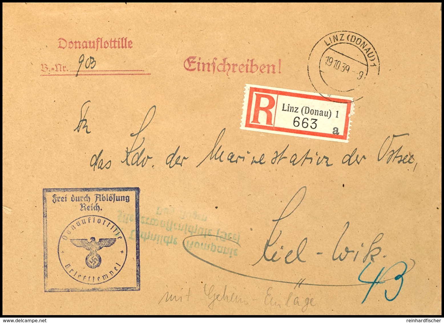 4624 1939, Kriegsmarine, Feldpost-R-Brief Mit Aufgabe-Stpl. LINZ (DONAU) 1 Vom 19.10.39 Und R-Zettel "Linz (Donau) 1" So - Andere & Zonder Classificatie