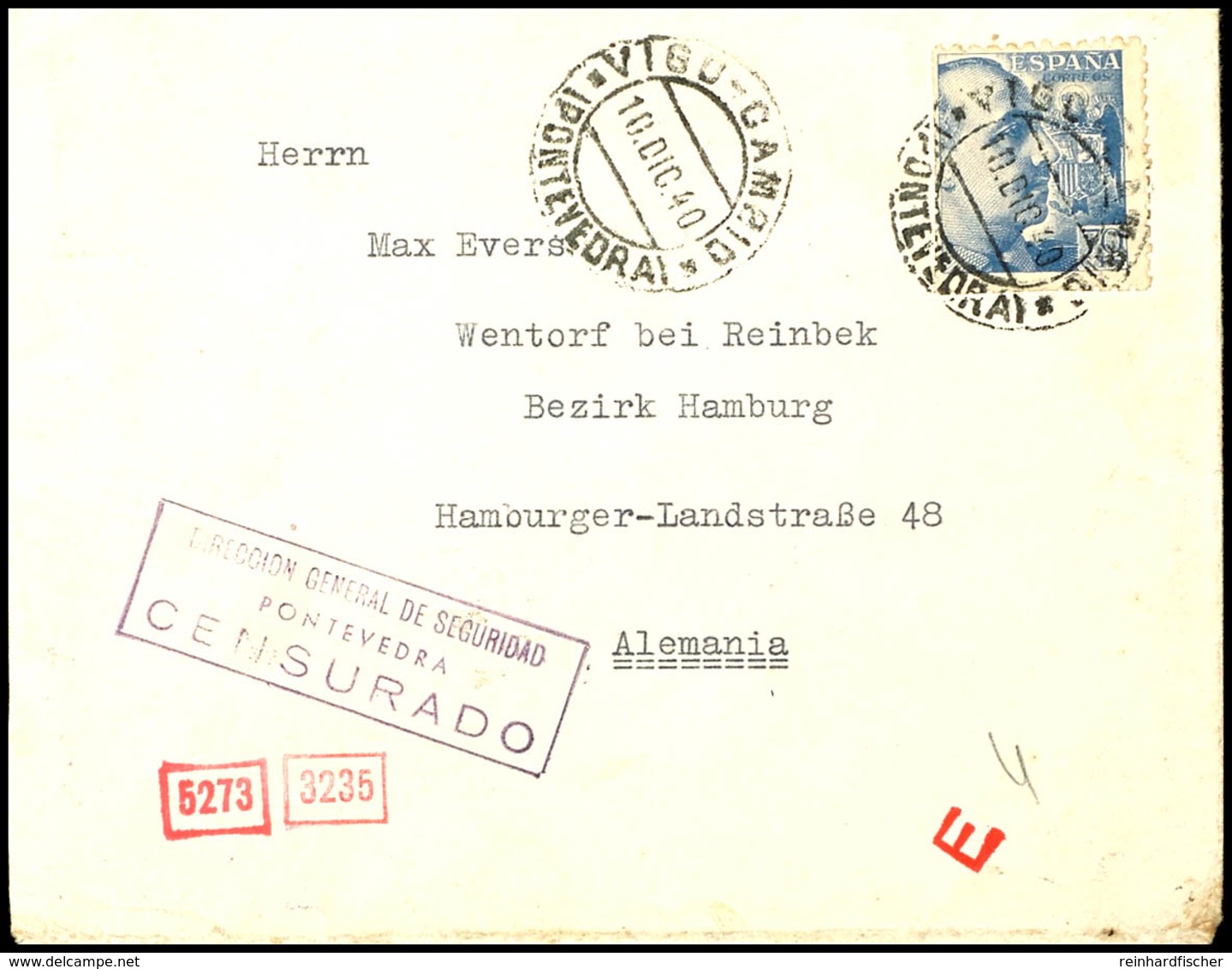 4663 1940, Kriegsmarine, Mit 70 CTS Frankierter Feldpost-Brief Aus Spanien Nach Wentorf Bei Reinbek Mit Aufgabe-Stpl. VI - Sonstige & Ohne Zuordnung