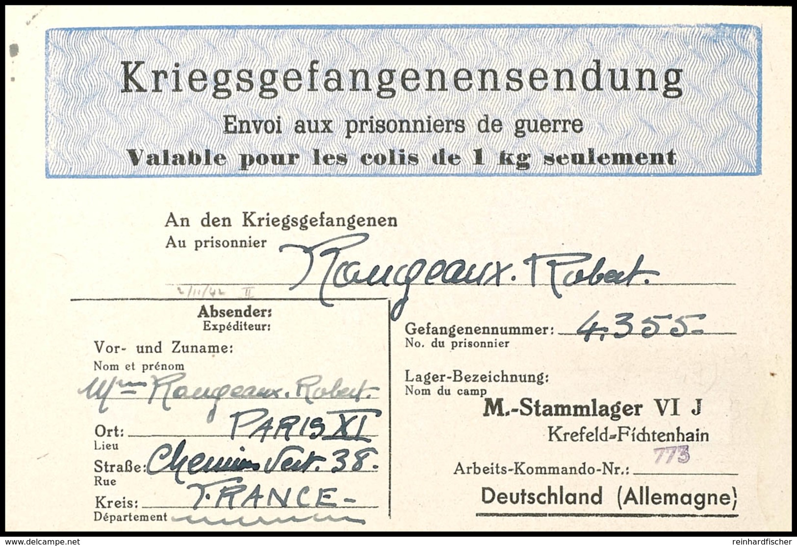 4701 1942, Kriegsgefangenensendung, Vordruckfaltbrief An Einen Franz. Kriegsgefangenen In Das Stammlager VI J - Krefeld/ - Sonstige & Ohne Zuordnung