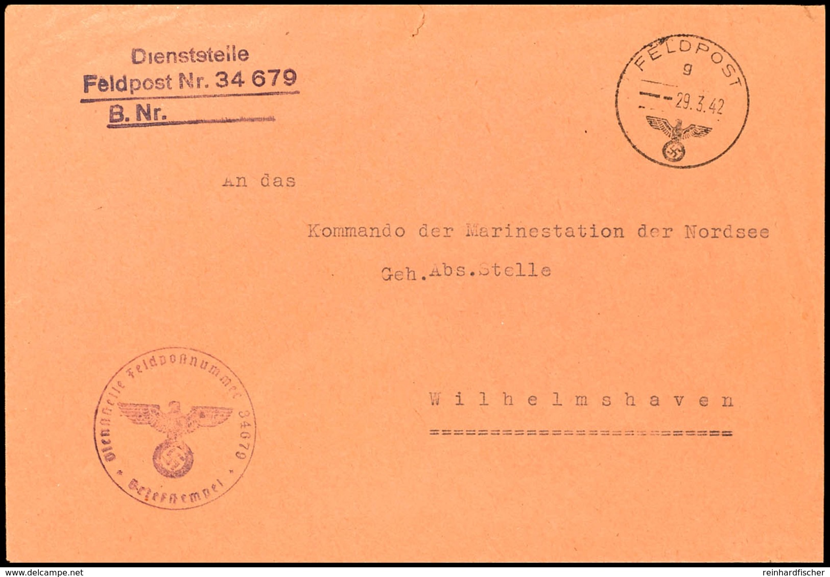 4708 1942, Kriegsmarine, Feldpost-Dienst-Brief Nach Wilhelmshaven Mit Feldpost-Norm-Stpl. Vom 29.3.42 Sowie Mit Absender - Sonstige & Ohne Zuordnung