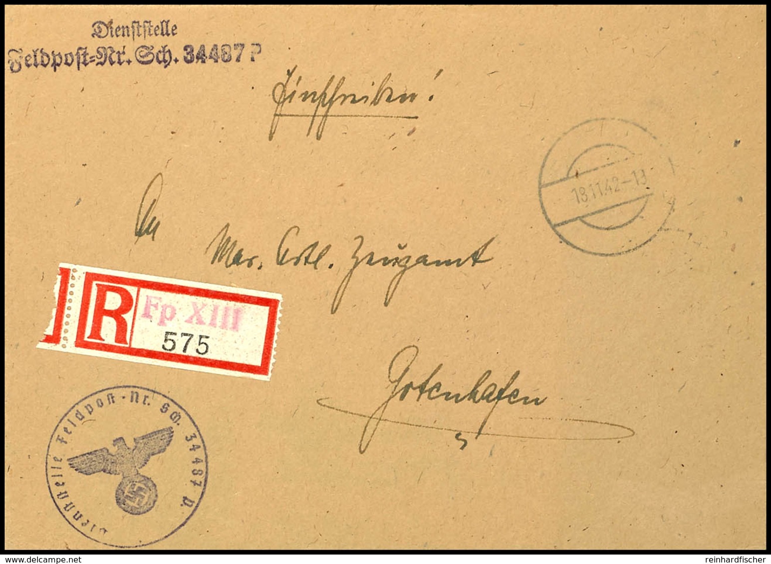 4709 1942, Kriegsmarine, Feldpost-R-Brief An Das Marineartilleriezeugamt In Gotenhafen Mit Stummen Aufgabe-Stpl. Vom 18. - Sonstige & Ohne Zuordnung