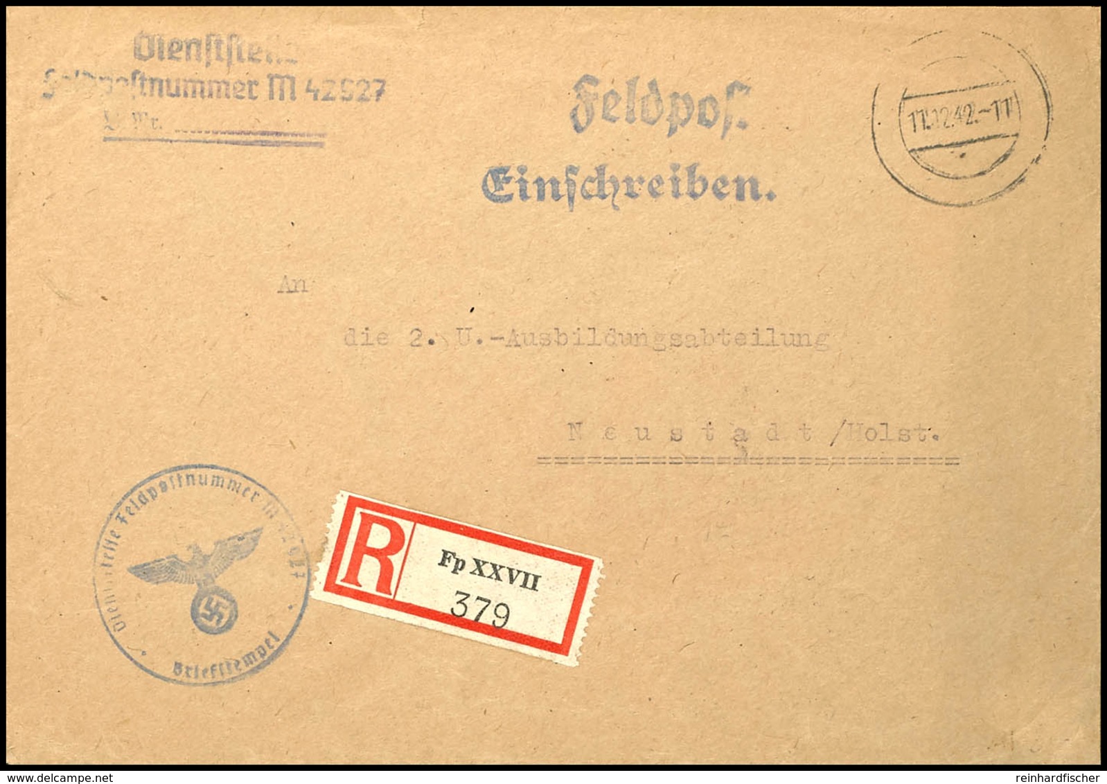 4710 1942, Kriegsmarine, Feldpost-R-Brief An Die 2. U.-Ausbildungsabteilung In Neustadt Mit Stummen Aufgabe-Stpl. Vom 11 - Sonstige & Ohne Zuordnung