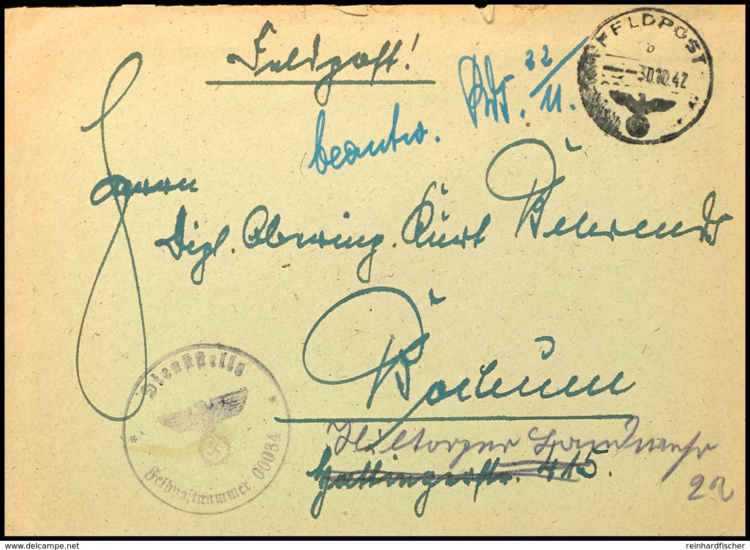 4712 1942, SS-Feldpostbrief Mit Normstempel "b 30.10.42" Sowie Briefstempel Und Absender-Vermerk Mit Feldpostnummer "000 - Andere & Zonder Classificatie