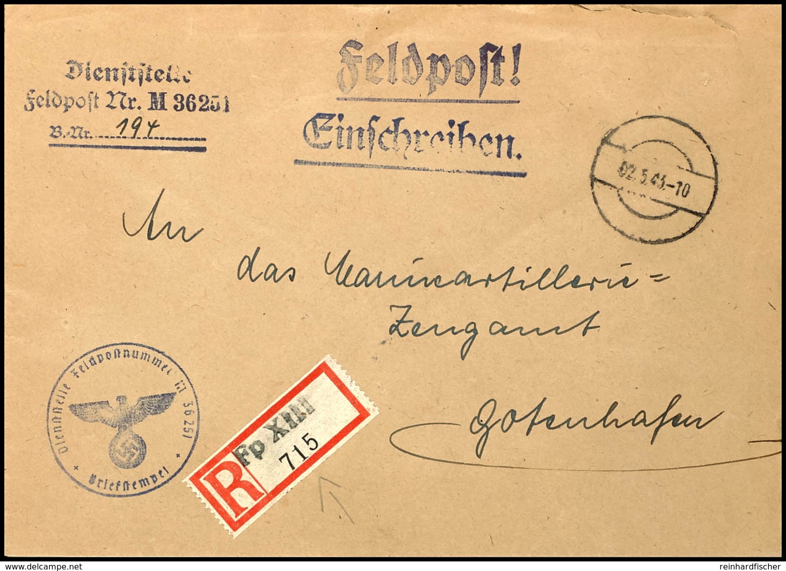 4730 1943, Kriegsmarine, Feldpost-R-Brief An Das Marineartilleriezeugamt In Gotenhafen Mit Stummen Aufgabe-Stpl. Vom 2.5 - Sonstige & Ohne Zuordnung