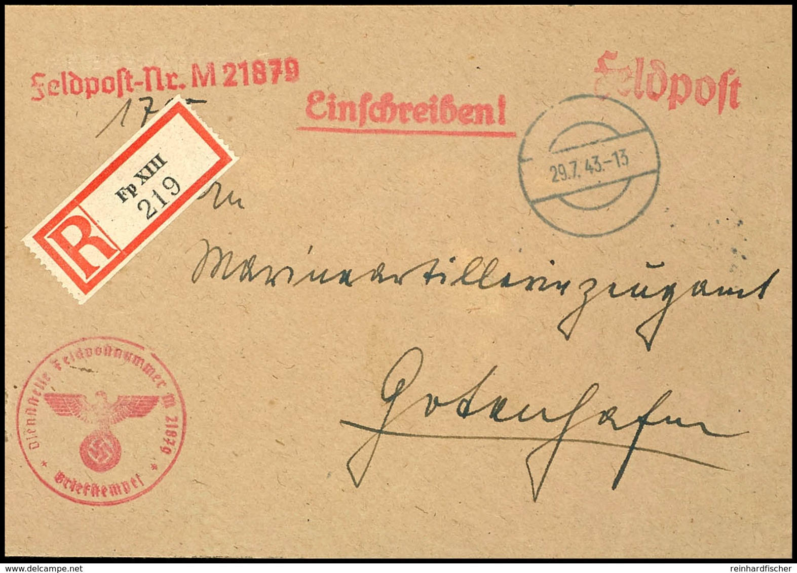 4731 1943, Kriegsmarine, Feldpost-R-Brief An Das Marineartilleriezeugamt In Gotenhafen Mit Stummen Aufgabe-Stpl. Vom 29. - Sonstige & Ohne Zuordnung