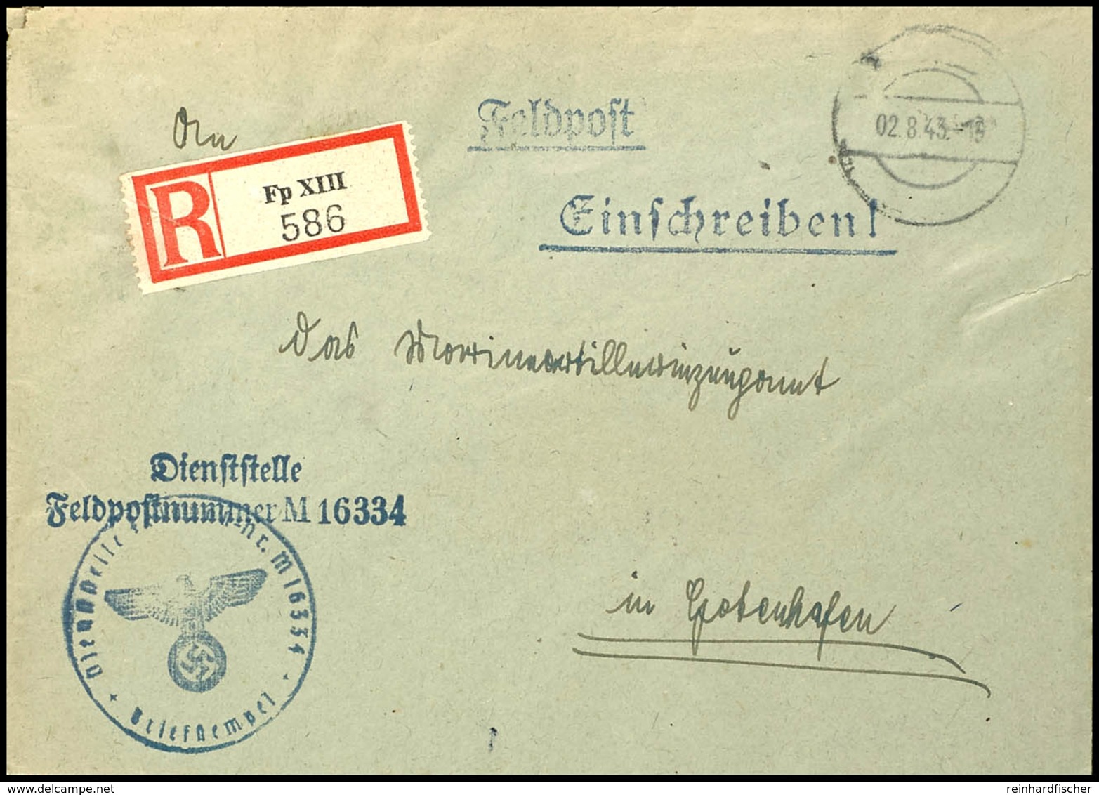 4732 1943, Kriegsmarine, Feldpost-R-Brief An Das Marineartilleriezeugamt In Wilhelmshaven Mit Stummen Aufgabe-Stpl. Vom  - Sonstige & Ohne Zuordnung