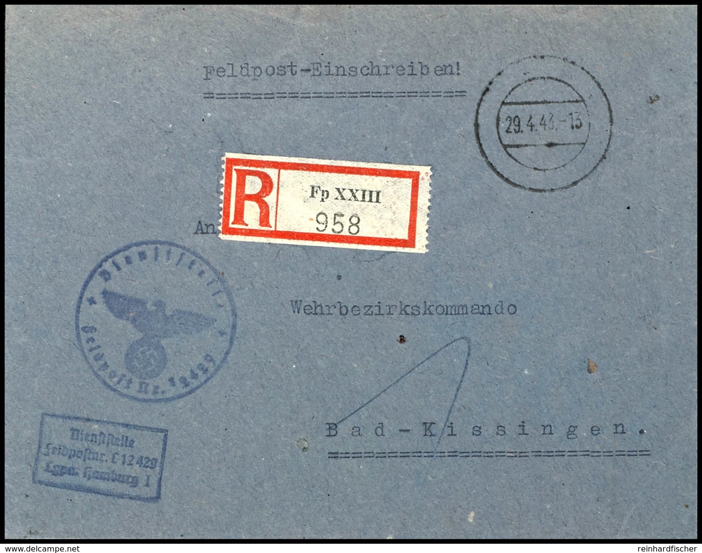 4733 1943, Kriegsmarine, Feldpost-R-Brief An Das Wehrbezirkskommando In Bad Kissingen Mit Stummen Aufgabe-Stpl. Vom 29.4 - Andere & Zonder Classificatie