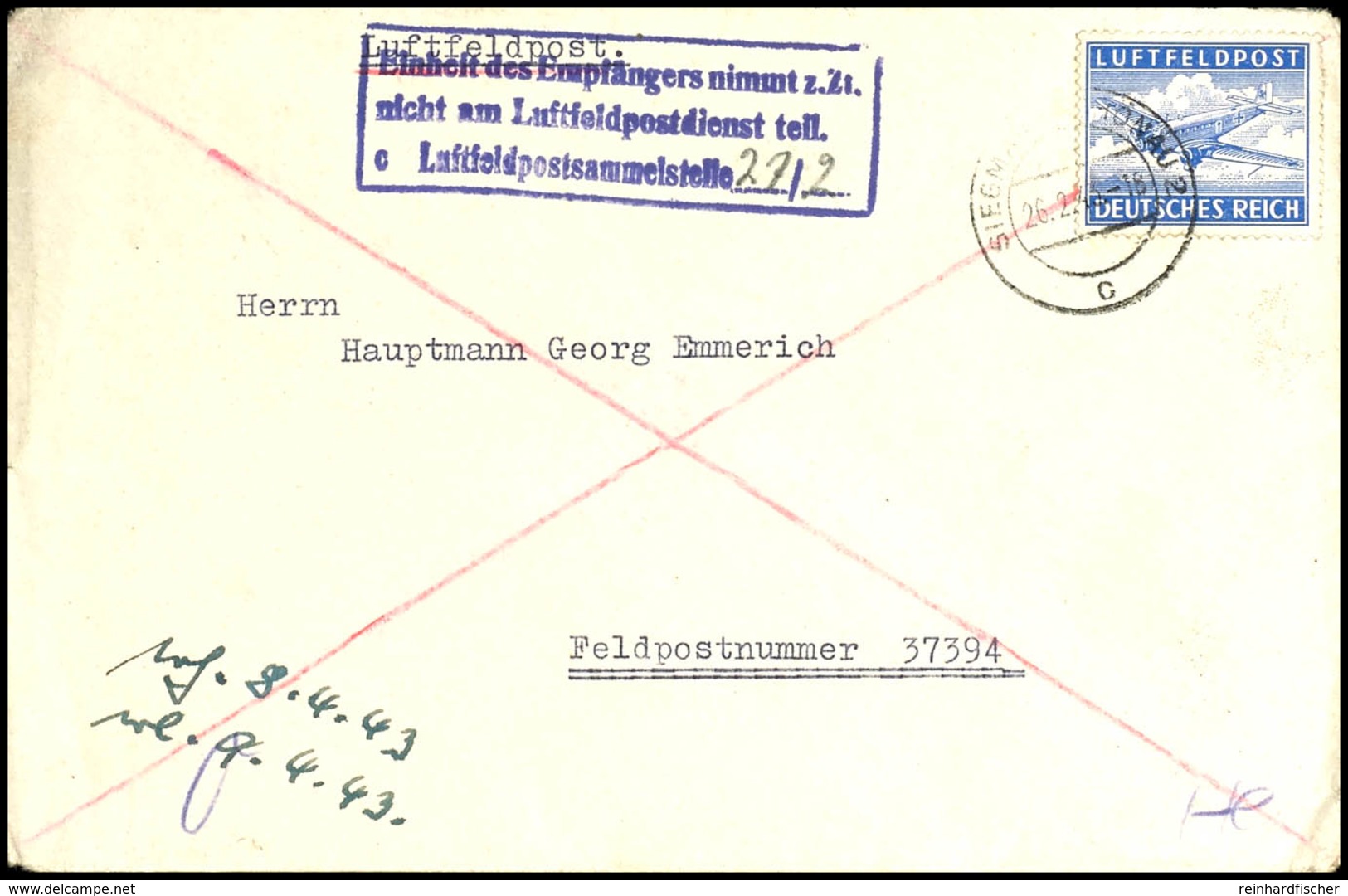 4735 1943, Luftfeldpostbrief Mit Gezähnter Zulassungsmarke Vom 26.2.1943 Mit Dreizeiligem Blauen Ra3" Einheit Des Empfän - Sonstige & Ohne Zuordnung