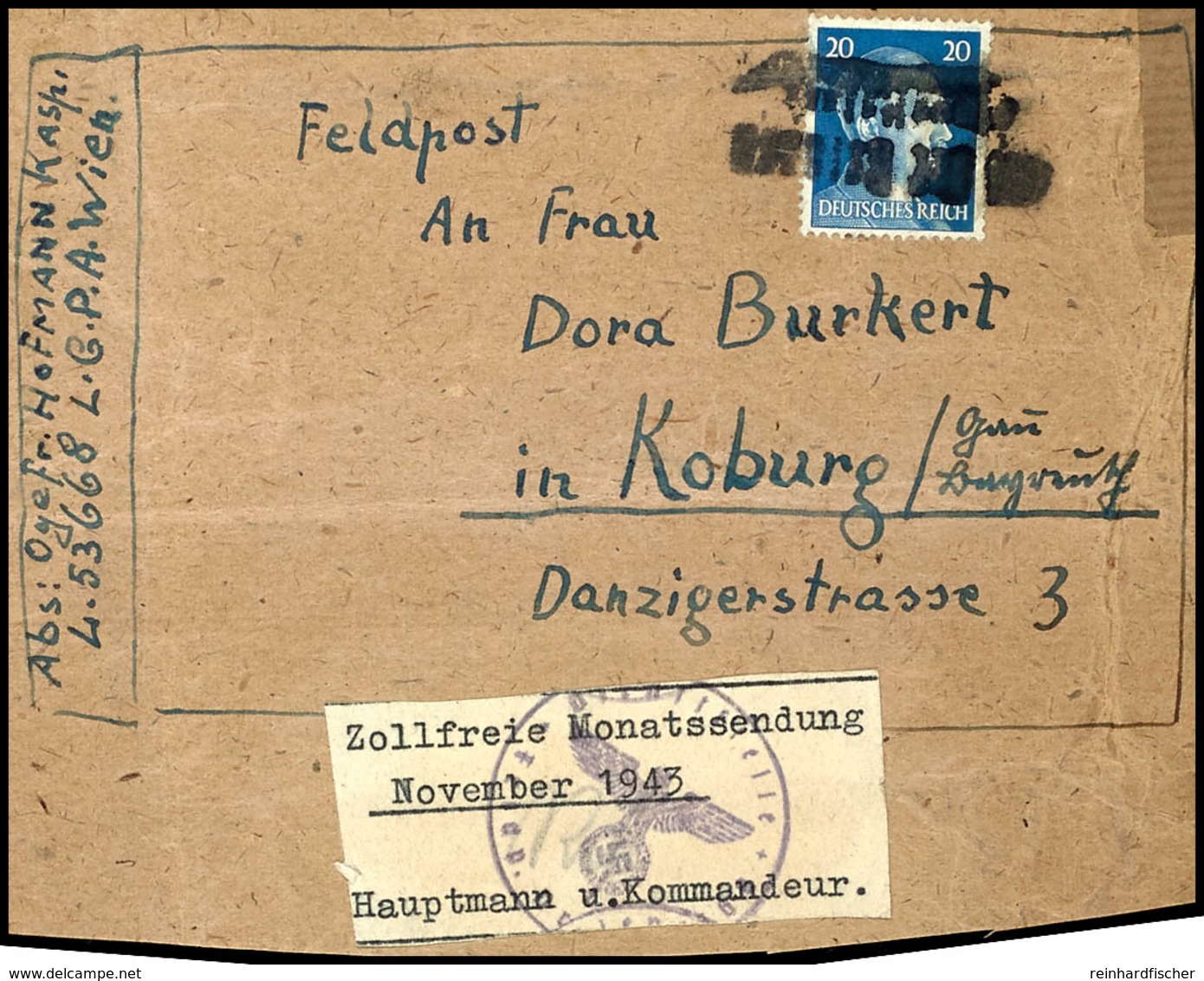 4736 1943, Weißer Aufklebezettel "Zollfreie Monatssendung November 1943..." (Schreibmaschine Mit Dienstsiegel) Auf Kpl.  - Andere & Zonder Classificatie