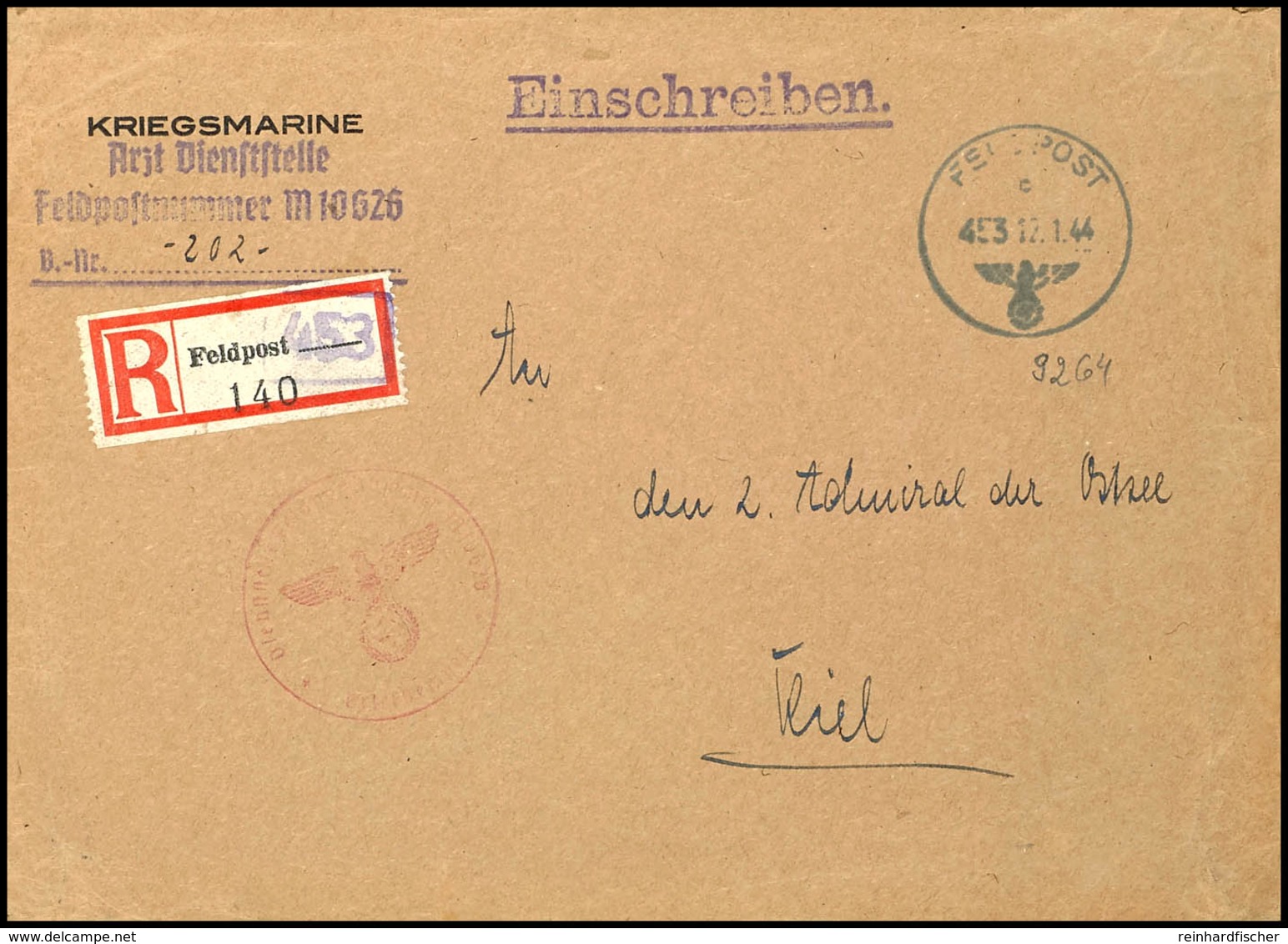 4755 1944, Feldpost-Einschreiben Mit Norm-Stpl. Vom 12.1.44 Und K-Nr. "453" Im Stpl. Und Feldpost-R-Zettel (= Zweig-Feld - Sonstige & Ohne Zuordnung