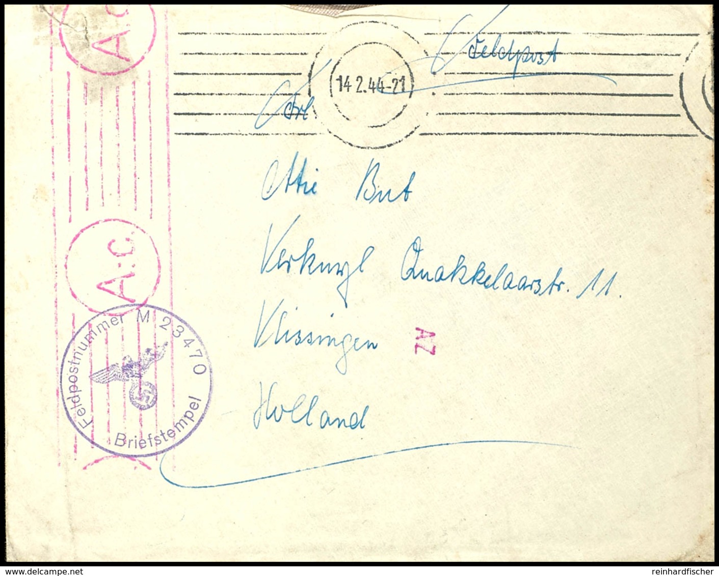 4758 1944, Kriegsmarine, Feldpost-Brief Mit Stummen Maschinen-Stpl. Vom 14.2.44 Nach Vlissingen In Holland Mit OKW-Zensu - Andere & Zonder Classificatie