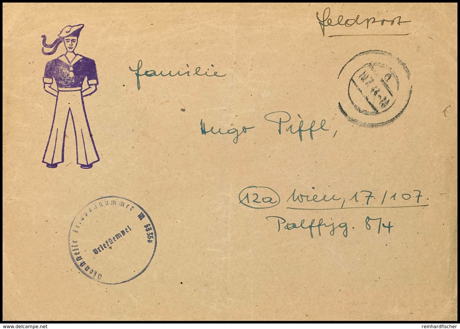4760 1944, Kriegsmarine, Feldpost-Brief Nach Wien Mit Stummen Stpl. Vom 10.7.44 Und "Matrosen-Stpl." Auf Vorder- Und Rüc - Sonstige & Ohne Zuordnung