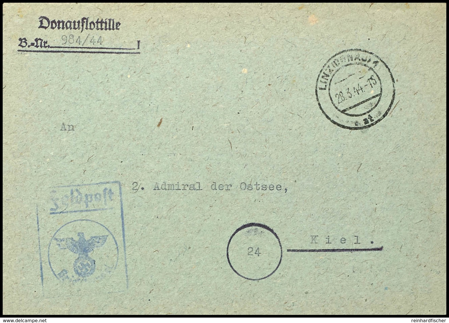 4761 1944, Kriegsmarine, Feldpost-Dienst-Brief An 2. Admiral Der Ostsee In Kiel Mit Aufgabe-Stpl. LINZ (DONAU) 1 Vom 28. - Andere & Zonder Classificatie