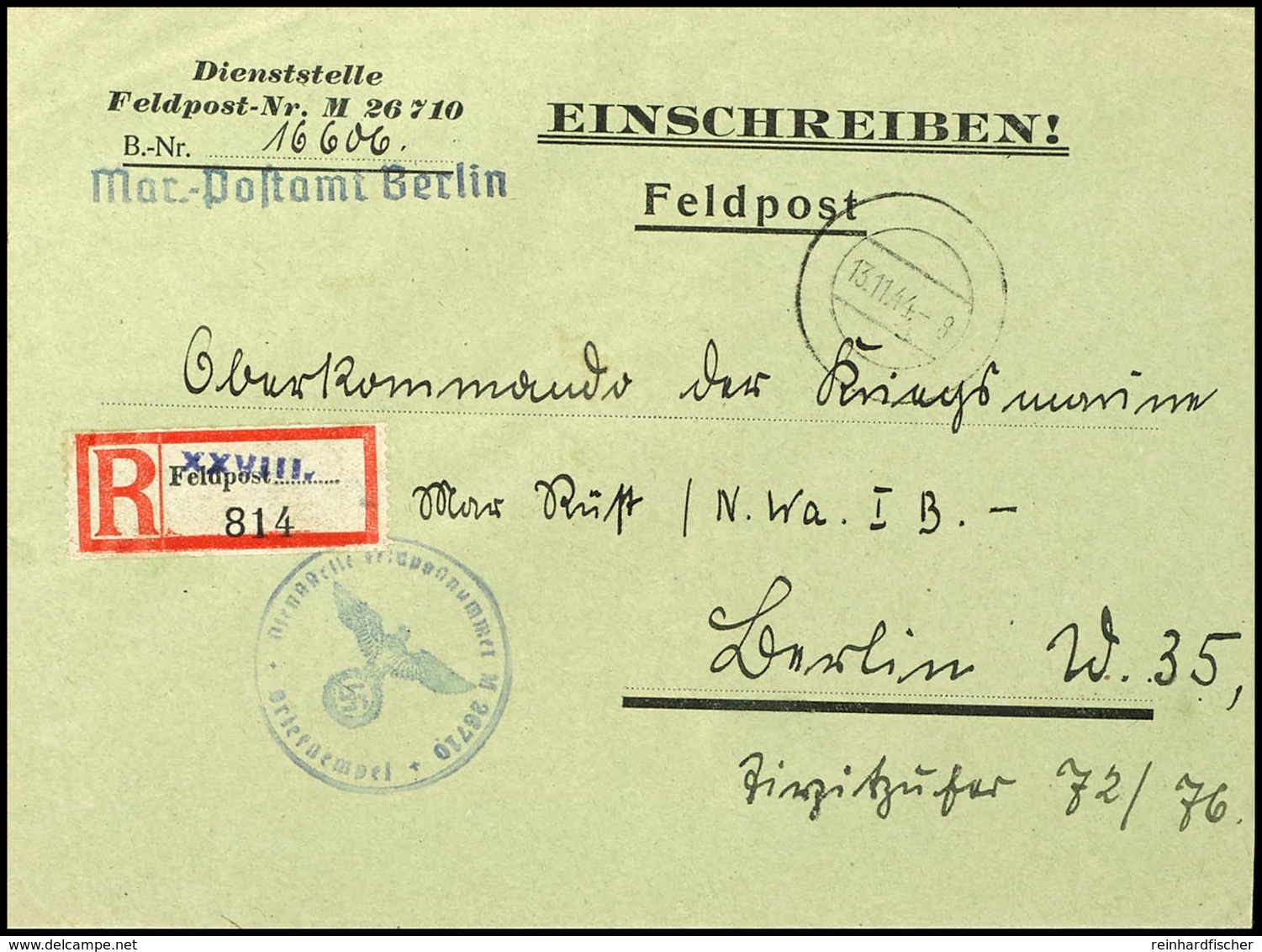 4765 1944, Kriegsmarine, Feldpost-R-Brief (Vordruckumschlag) Von Der Dienststelle Feldpost-Nr. M 26710 Mit Zugesetztem S - Andere & Zonder Classificatie