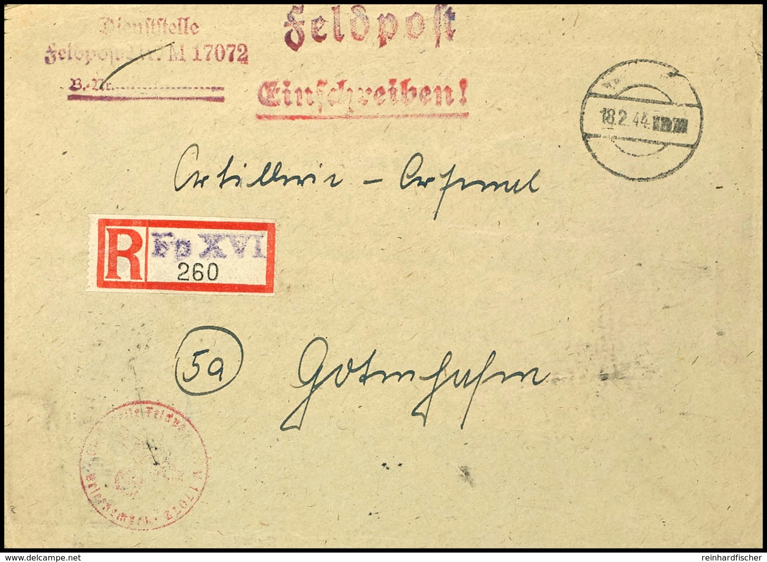 4768 1944, Kriegsmarine, Feldpost-R-Brief An Das Artillerie-Arsenal In Gotenhafen Mit Stummen Aufgabe-Stpl. Vom 18.2.44  - Sonstige & Ohne Zuordnung