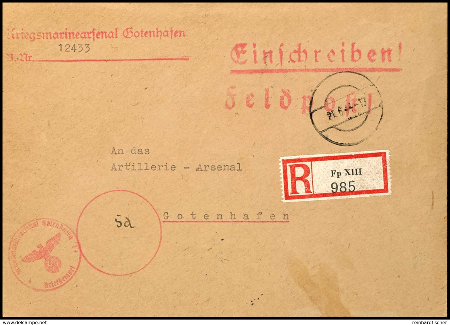 4769 1944, Kriegsmarine, Feldpost-R-Brief An Das Artillerie-Arsenal In Gotenhafen Mit Stummen Aufgabe-Stpl. Vom 21.6.44  - Sonstige & Ohne Zuordnung