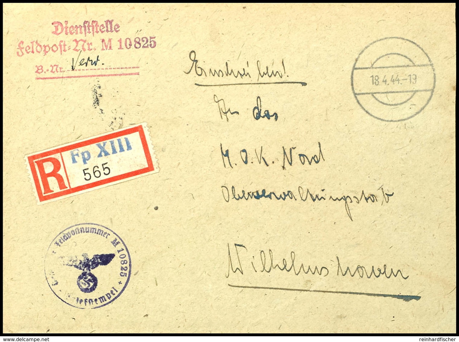 4770 1944, Kriegsmarine, Feldpost-R-Brief An Das Marine Oberkommando Nord In Wilhelmshaven Mit Stummen Aufgabe-Stpl. Vom - Andere & Zonder Classificatie