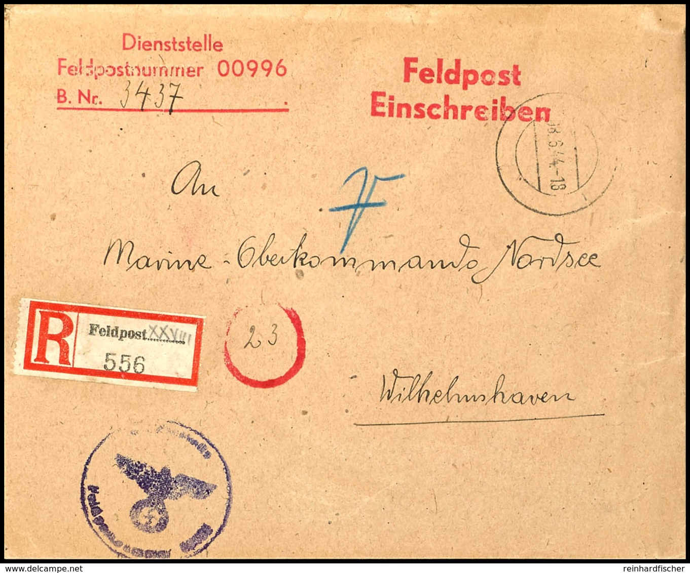 4772 1944, Kriegsmarine, Feldpost-R-Brief An Das Marine-Oberkommando Nordsee In Wilhelmshaven Mit Stummen Aufgabe-Stpl.  - Sonstige & Ohne Zuordnung