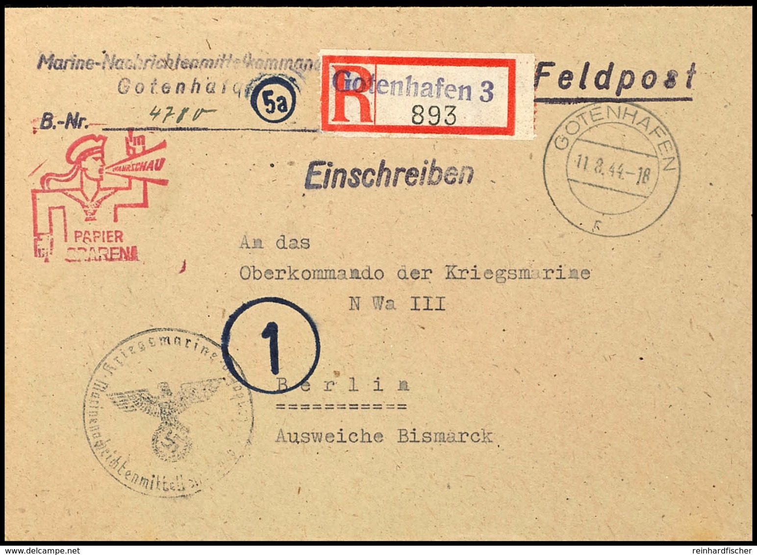 4774 1944, Kriegsmarine, Feldpost-R-Brief An Das Oberkommando Der Kriegsmarine In Berlin Mit Aufgabe-Stpl. GOTENHAFEN Vo - Andere & Zonder Classificatie