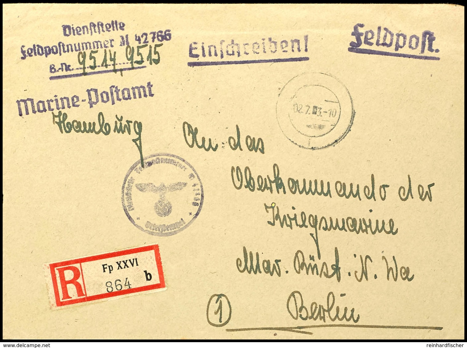 4776 1944, Kriegsmarine, Feldpost-R-Brief An Das Oberkommando Der Kriegsmarine In Berlin Mit Stummen Aufgabe-Stpl. Vom 0 - Andere & Zonder Classificatie